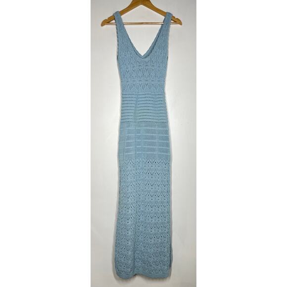Ronny Kobo Crochet Knit Tank Dress Sleeveless V-Neck Maxi Column Blue Medium - Picture 5 of 9